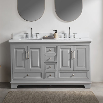 Meuble-lavabo double autoportant de 60 po avec pierre artificielle entièrement assemblé