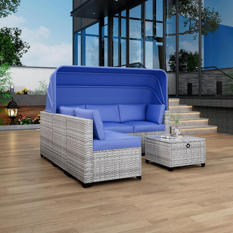 Ensemble de lit de jour pour l'extérieur 6 pièces - Patio avec auvent rétractable, dossiers réglables pour la piscine