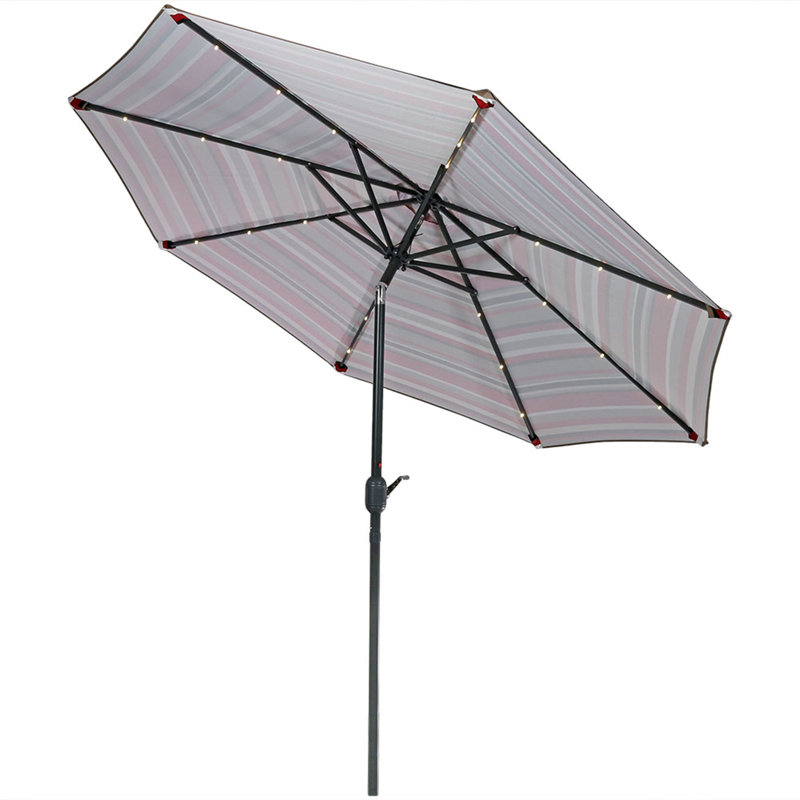 9 ' Striped Market Umbrella with Solar Lights and Tilt/Crank - Awning Stripe, Brown/Red/Black/White
