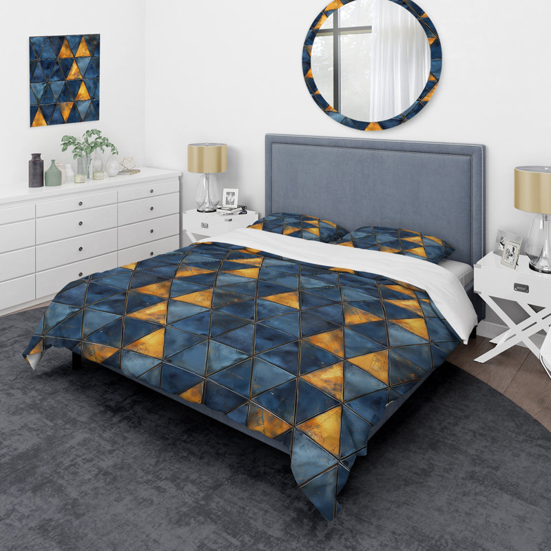 Ensemble de housse de couette moderne Blue Gold Modern Glam Triangles V, Housse de couette très grand et 2 très grandes t