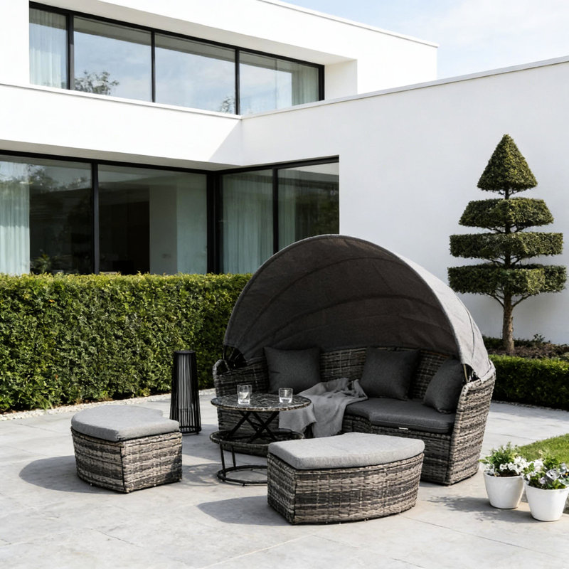 Ensemble de mobilier de jardin, canapé-lit convertible 4 pièces, gris, pattes de chaise antidérapantes, assemblage requis, couleur principale : PE, table ajustable