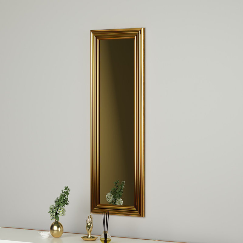 Miroir de commode élégant avec cadre doré brillant, 11,8 x 35,4 x 1,2 pouces | Fabrication 100% en panneau de fibres à densité moyenne, verre écologique Fllot-E | Conception murale et traditionnelle pour les espaces de décoration intérieure et de coiffeuse