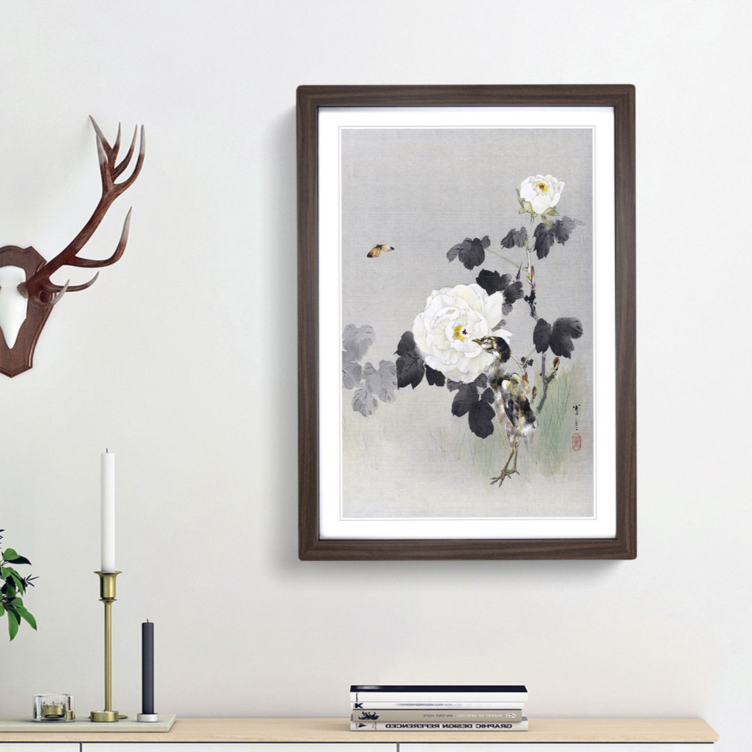 Young Bird and Butterfly by the Roses by Watanabe Seitei - Framed Print