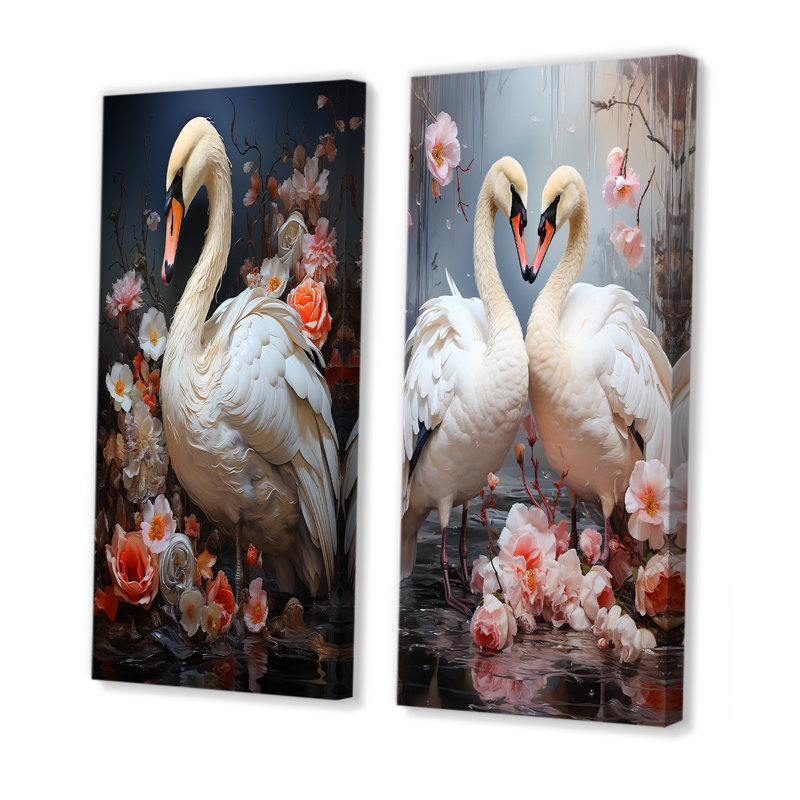 Ensemble de 2 décorations murales roses et blanches Swan Seran II - cygnes, Toile tendue, H 40 po x l 41 po