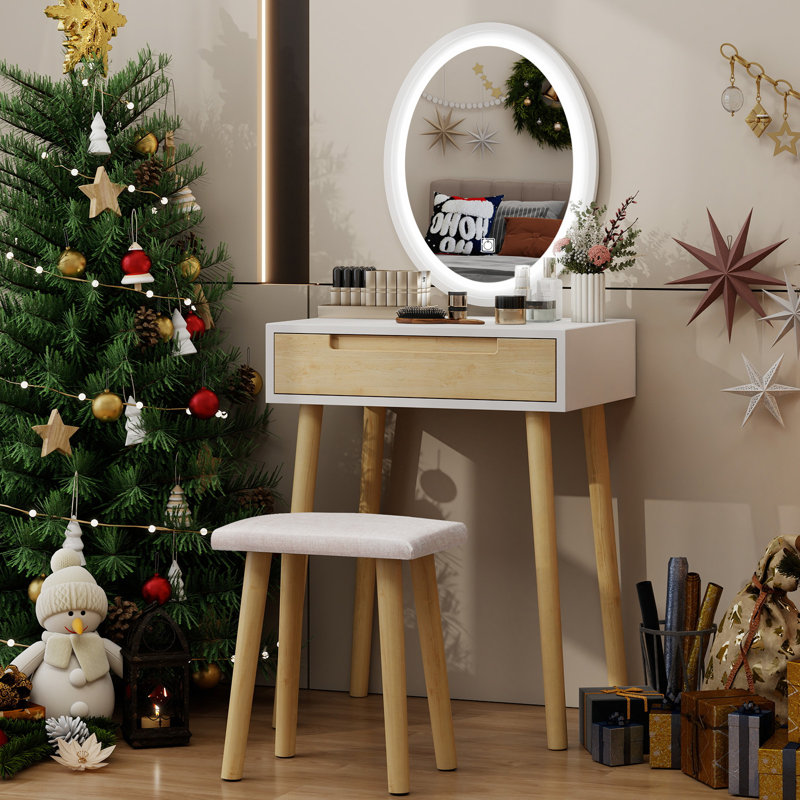 60cm Desktop Dressing Table With Led Lighted Mirror, Makeup Vanity Desk With Stool and Drawer, Beige