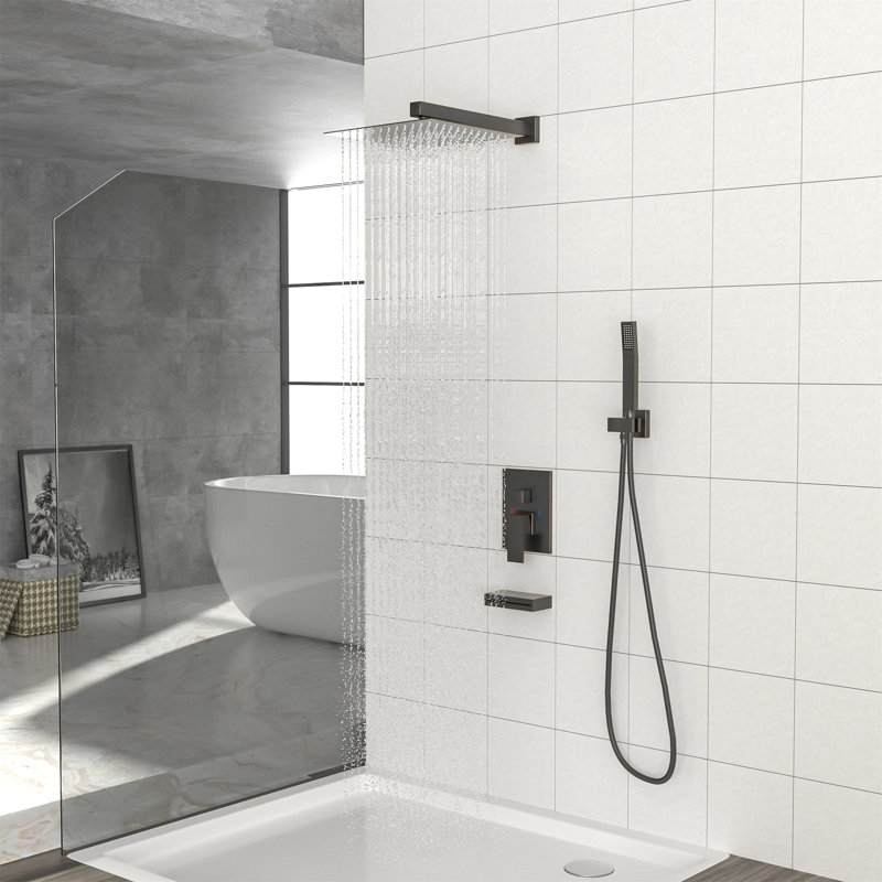 Système de douche avec bec de baignoire en cascade, système de douche carré mural de 12 pouces avec valve brute