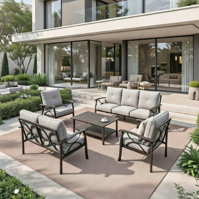 5-Piece Metal Patio Furniture Set, 7-Seat All-Weather Conversation Sofa With 4 Inches Thick Gray Cushions, Khaki Frame, Coffee Table For Porch Backyard Garden