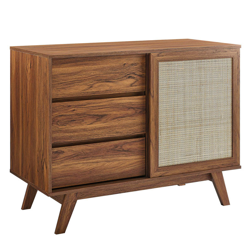 Walnut and Rattan 40" Modern Office Accent Cabinet