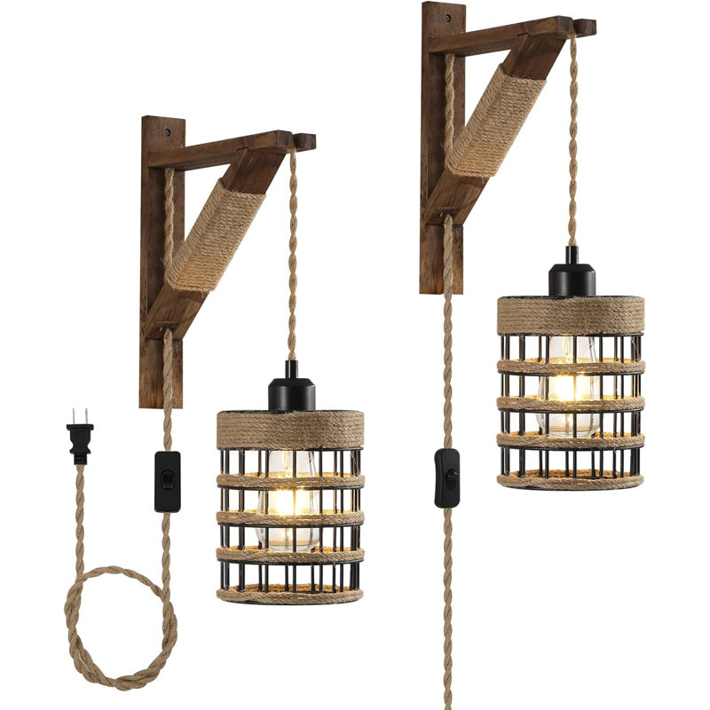 Industrial Farmhouse Plug in Wall Sconce, Metal Wall Lamp Cage Set of 2, Cylinder