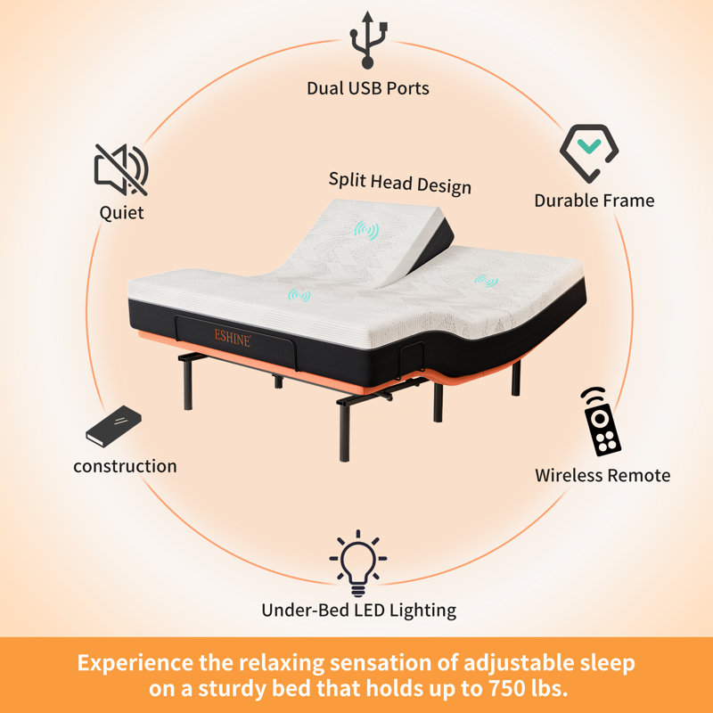 Split Top King Adjustable Bed Frame With 14'' Medium Plush Memory Foam Mattress, USB & Type C Ports, Massaging, Wireless Remote, E3000 Sunset Orange