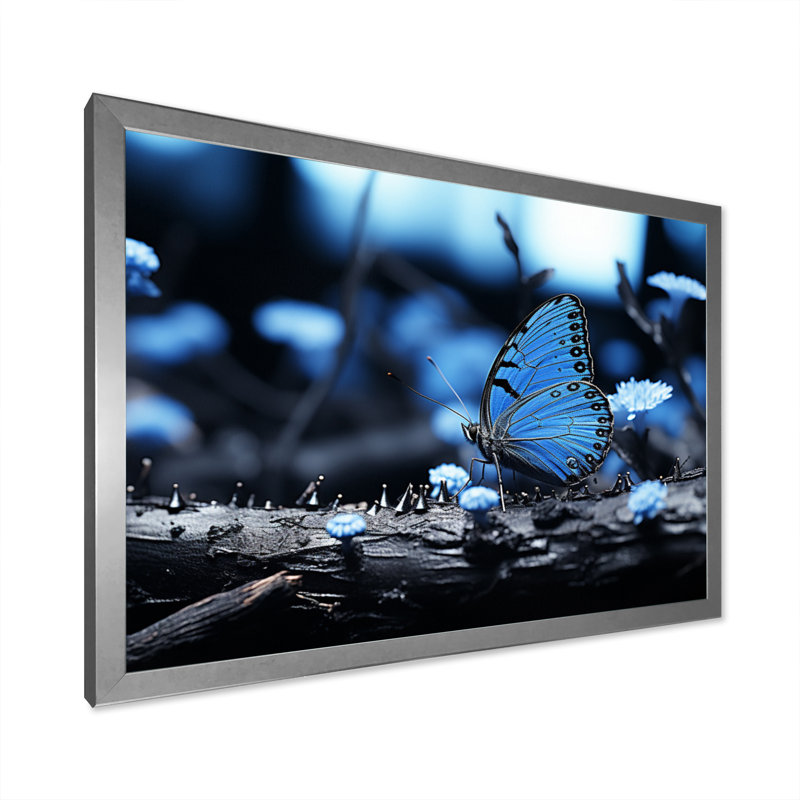 Forêt de papillons bleu forêt - impression, H 16 po x l 32 po x P 1 po, Cadre simple argenté