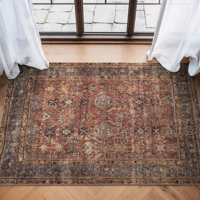 Tapis traditionnel terre cuite / moutarde antidérapant lavable à la machine