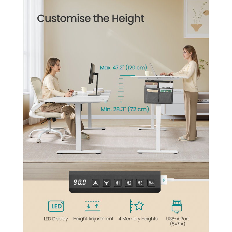 Adjustable Metal Base Standing Desk, 180cm W x 80cm D , White
