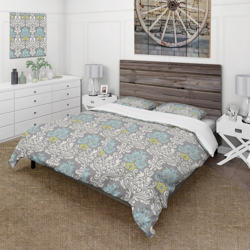 Ensemble de housse de couette en microfibre gris / bleu clair Qualesha, Housse de couette simple + 1 taie décorative stan