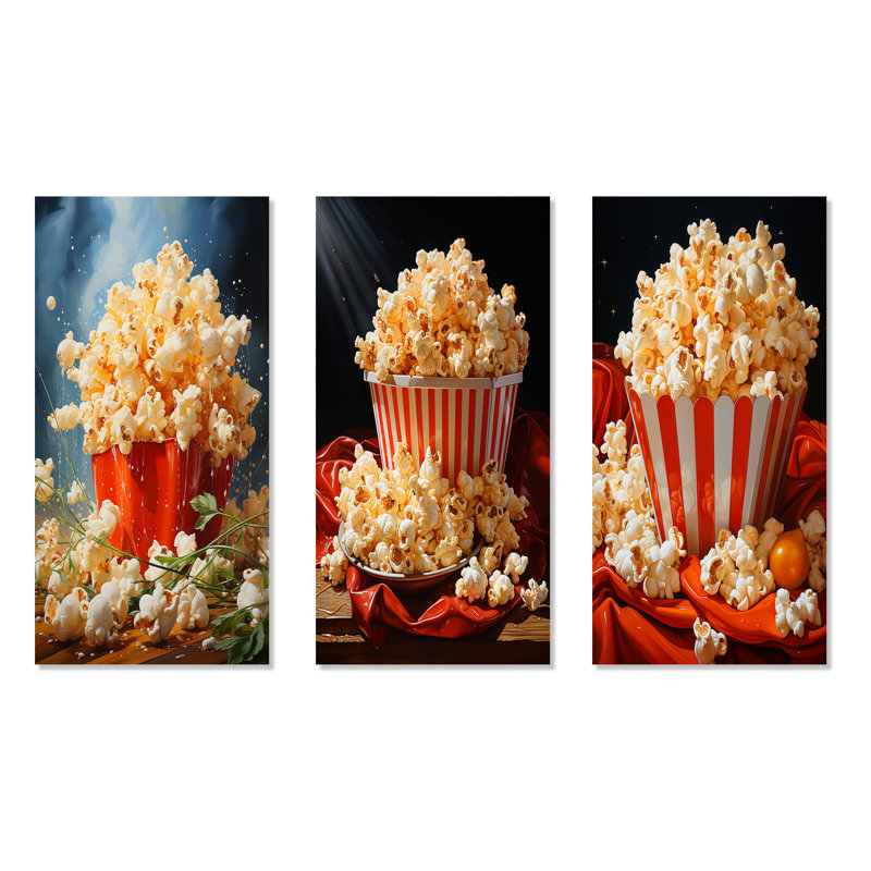 Carnival Kernels Bright Pop Corn Fiesta I - Popcorn, ensemble de 3 reproductions d'art sur toile, H 28 po x l 36 po