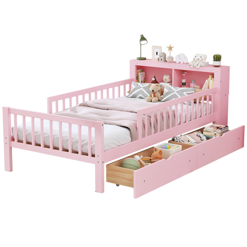 Lit simple rose avec base solide et options de rangement dans une tête de lit organisée avec garde-corps, Rose