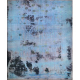 Tapis bleu en laine noué à la main de conception unique 6 pi x 8 pi