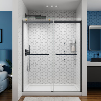 56-60 in .W  x 74 in. H Double Sliding Semi-Frameless Shower Door with Clear Glass