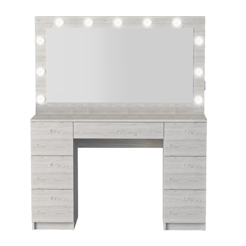 Boahaus Freya Large Vanity Makeup Desk with Wide Mirror, Build-In Lights, 7 Drawers and Power Outlet, Gray/Crystal Knobs
