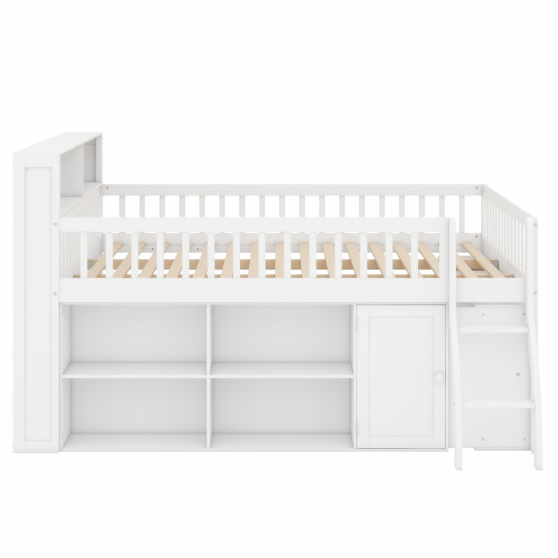 Élégant lit mezzanine en bois avec amplement de tablettes de rangement et tête de lit à DEL, Grand lit, Blanc