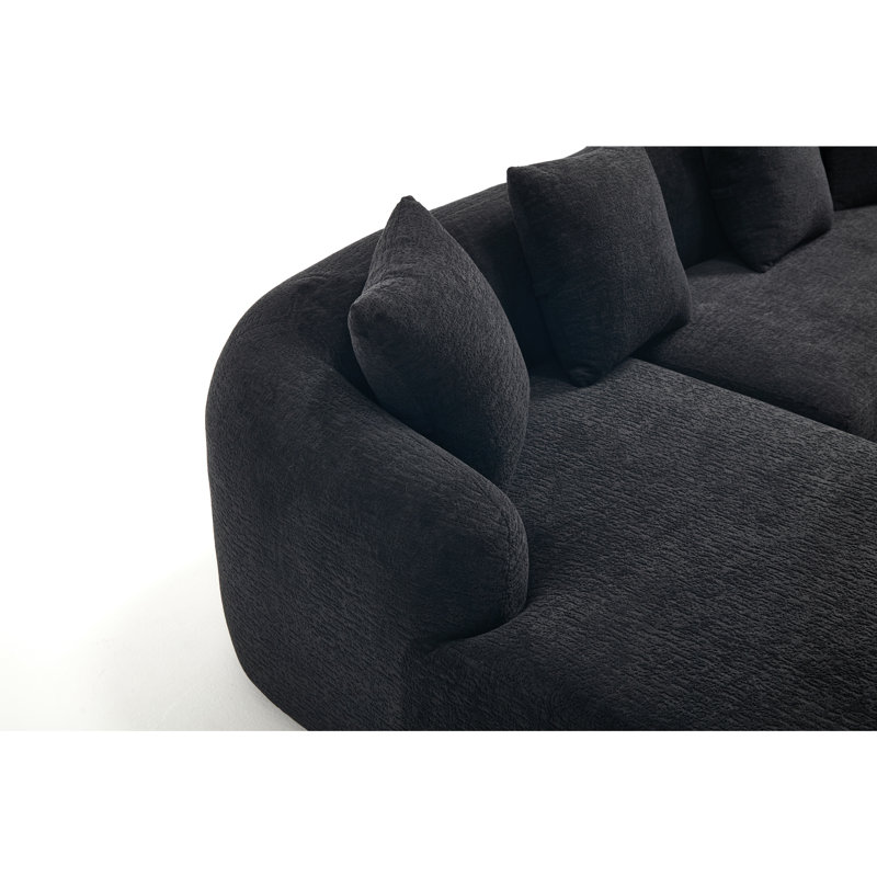 Canapé modulaire en L à compression avec méridienne courbée, canapé modulaire en chenille noir sans os, canapé-lit minimaliste en mousse haute densité 30D pour le salon, la chambre à coucher et un appartement
