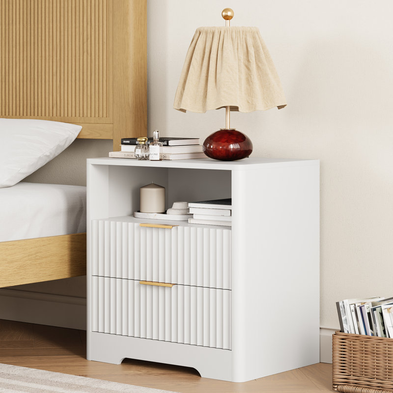 Table de chevet cannelée avec station de charge, lumière DEL à commande vocale, table de chevet avec tablette et armoire