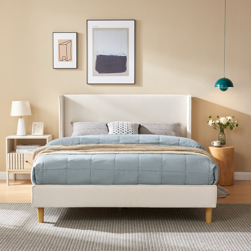 Janine Corduroy Upholstered Wingback Bed with Slat Kit and Solid and Manufactured Wood Frame, Cream, Queen