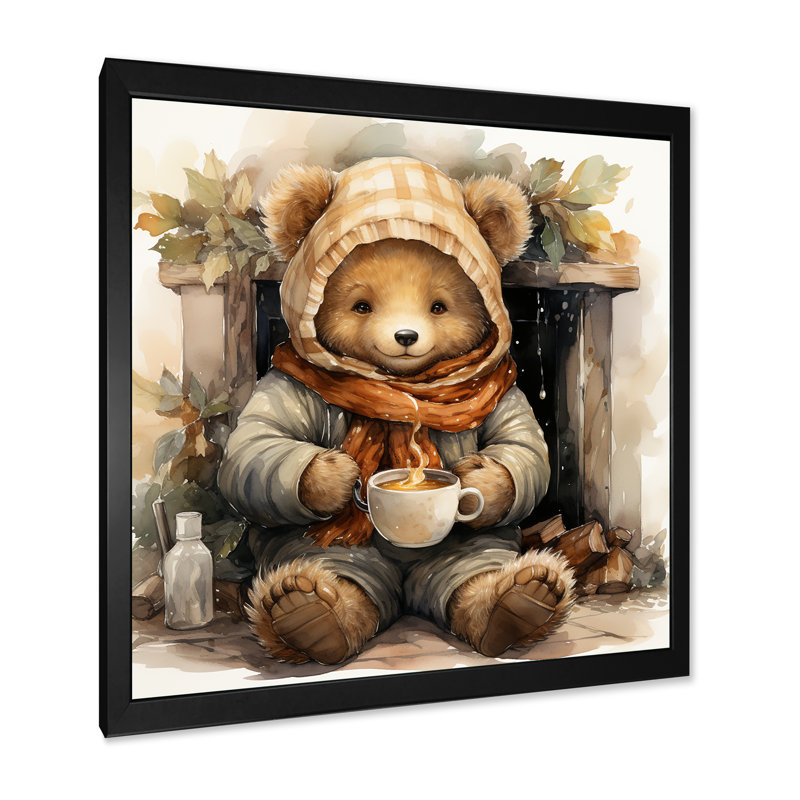 Cozy Teddy Bear chocolat en hiver II - art mural de l'ours en peluche, Cadre simple noir, H 36 po x l 36 po x P 1,5 po