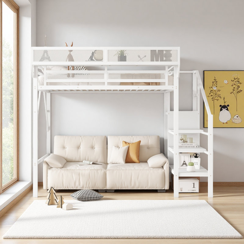 Lit mezzanine simple avec escalier, lit mezzanine double en métal avec tablettes de rangement, Blanc