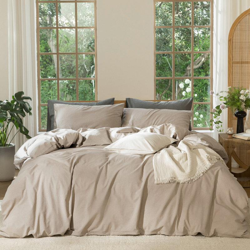 MooMee Lightweight Duvet Cover Set with Zipper Closure 8 Ties 100% Washed Cotton Linen Like Textured Soft Breathable All-Season