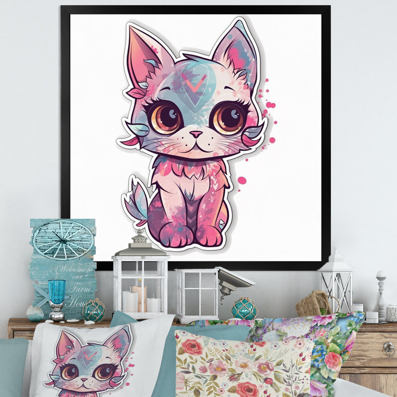 Illustration d'un chat chaton rose sur toile, Cadre simple noir, H 24 po x l 24 po x P 1 po