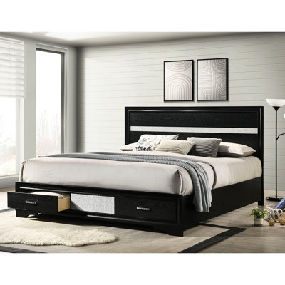 Très grand lit noir avec rangement, plateforme à lattes, cadre biseauté, poignées de style cristal, lit de rangement contemporain pour chambre à coucher, tête de lit, pieds entièrement supports