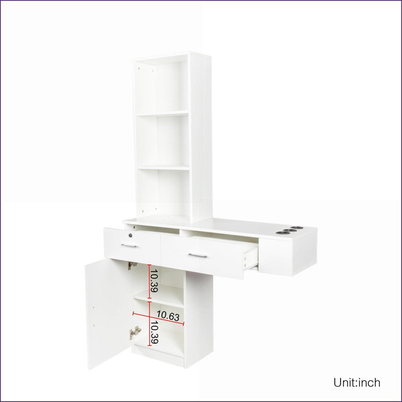 Hair Styling Desk, White Modern with Multi-Layer Storage | 2 Drawers + Cabinet | White | MDF, White