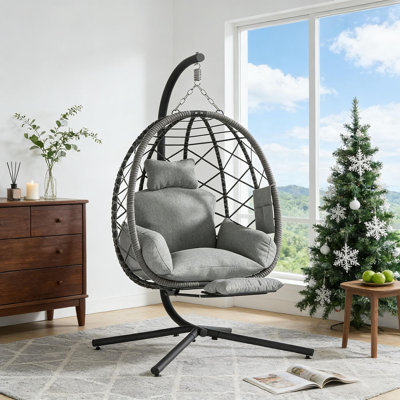 Hanging Egg Chair With Stand, Outdoor Wicker Swing Egg Chair With Cushion, Headrest & Adjustable Footrest For Patio, Balcony, Garden Or Indoor Lounge