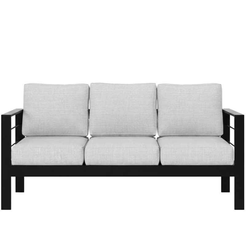 Canapé d'extérieur 3 places tout temps de 185 cm (73 po) avec structure noire et coussins gris épais, qualité commerciale, charge maximale de 408 kg (900 lb), facile à nettoyer, grande durabilité, capacité