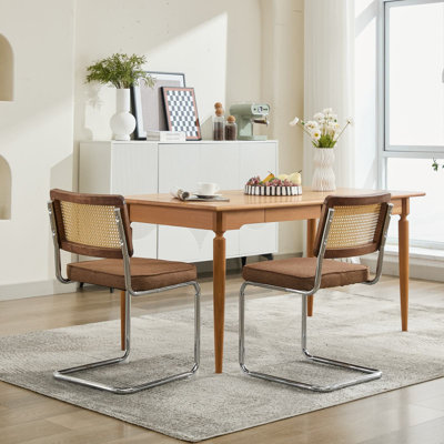 Ensemble de 2 chaises de salle à manger de style Mid-Century moderne, chaises d'appoint en lin avec dossier naturel en canne et base en acier inoxydable chromé, célèbres chaises conçues par Breuer, chaises de cuisine rembourrées en rotin, couleur café, SW1851CF