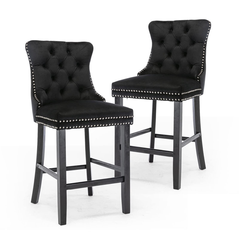 Upholstered Counter Stool with Solid Wood Frame, Black, Black