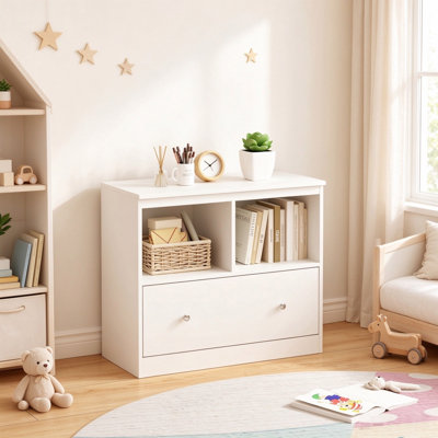 Kids Low Storage Cabinet, Wide Wooden Toy Organizer with 2 Open Cubbies and Large Slide Drawer, Freestanding Bookshelf for Playroom, Bedroom, Nursery