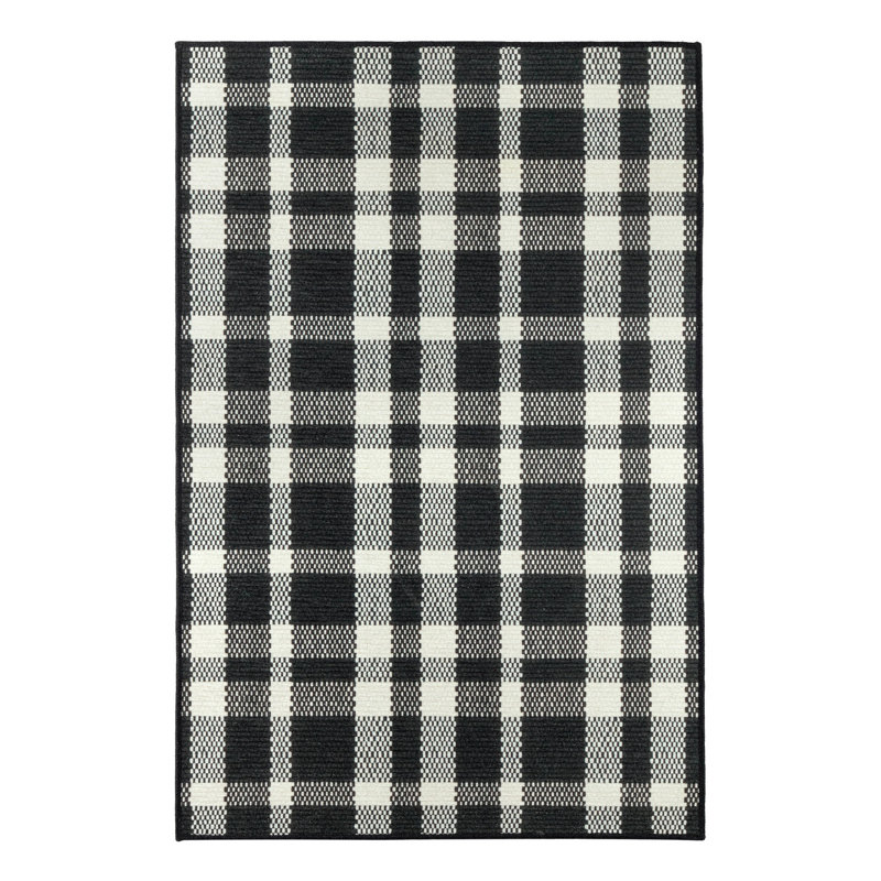 Houston Machine Woven Polyester Plaid Area Rug in Black/White, Rectangle 6' x 9'