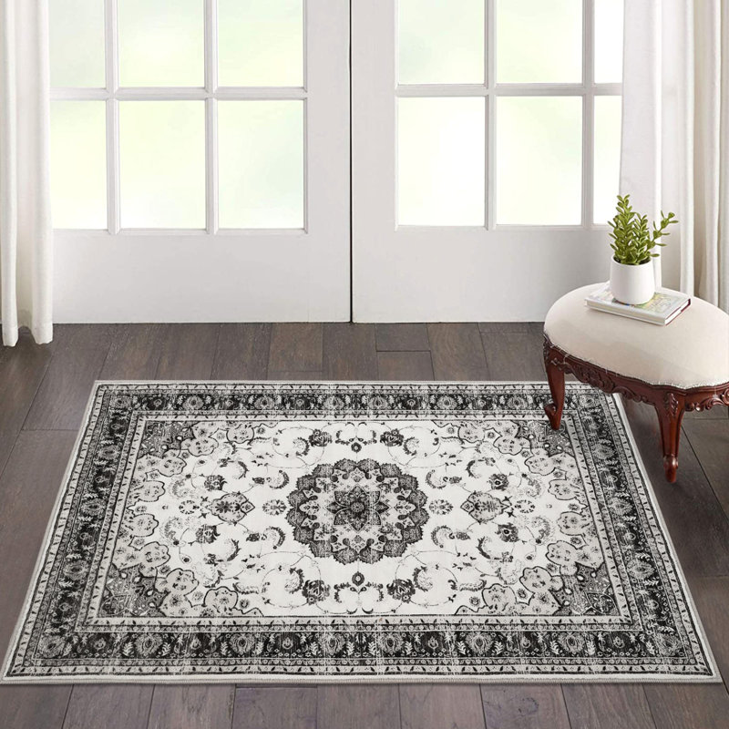 Washable Area Rug, Vintage Medallion Low Pile Non Slip Foldable Indoor Carpet, TPR Backing, Gray Tone, 2'x3', Gray