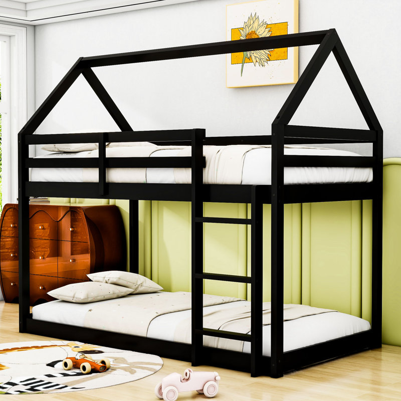 Twin Over Twin  Wooden House Bunk Bed With Ladder, Black