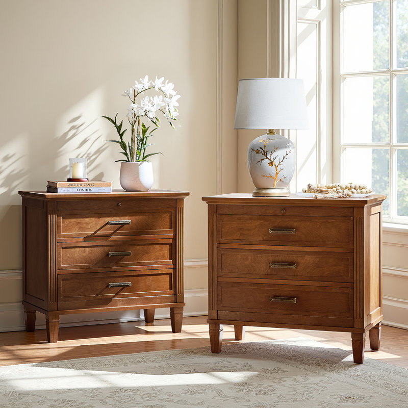 Launcelot Eliseo  28.5'' W Transitional 3 Drawers End Table with Built-In Outlets USB Type Set of 2, Walnut