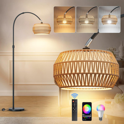 Lampes sur pied arquées pour le salon avec 3 températures de couleur, lampe sur pied noire avec télécommande et ampoule à DEL à intensité variable, lampe sur pied en rotin boho, lampe campagnarde haute pour chambre à coucher, lampe de lecture arquée sur canapé
