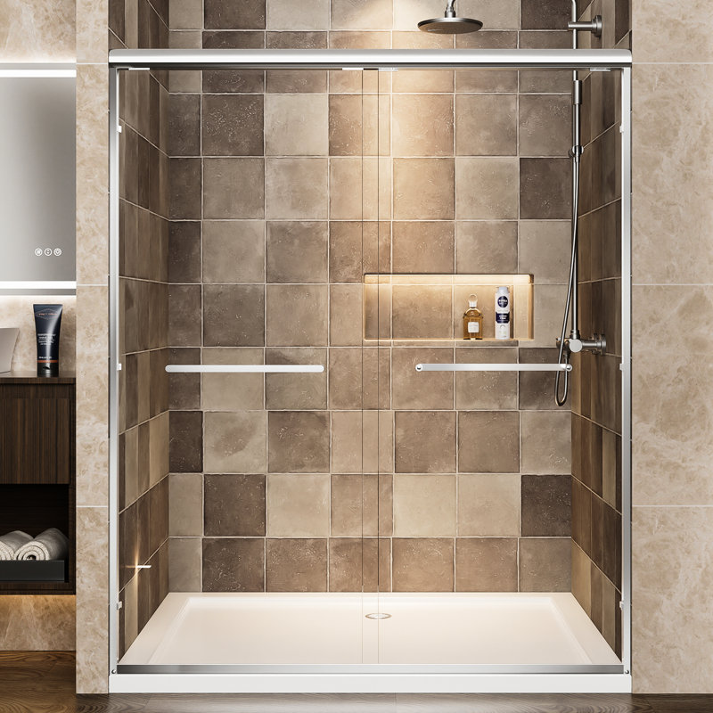 60" Wide Aluminum Double Sliding Shower Door, 1/4"  6Mm  Clear Tempered Glass With - Proof Film, Easy Installation And Corrosion , Bathroom Use 72" High Frame Door 6Mm Shatter Adjustable Waterproof,