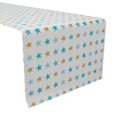 Table Runner, 100% Cotton, 16X90", Golden Blue Stars