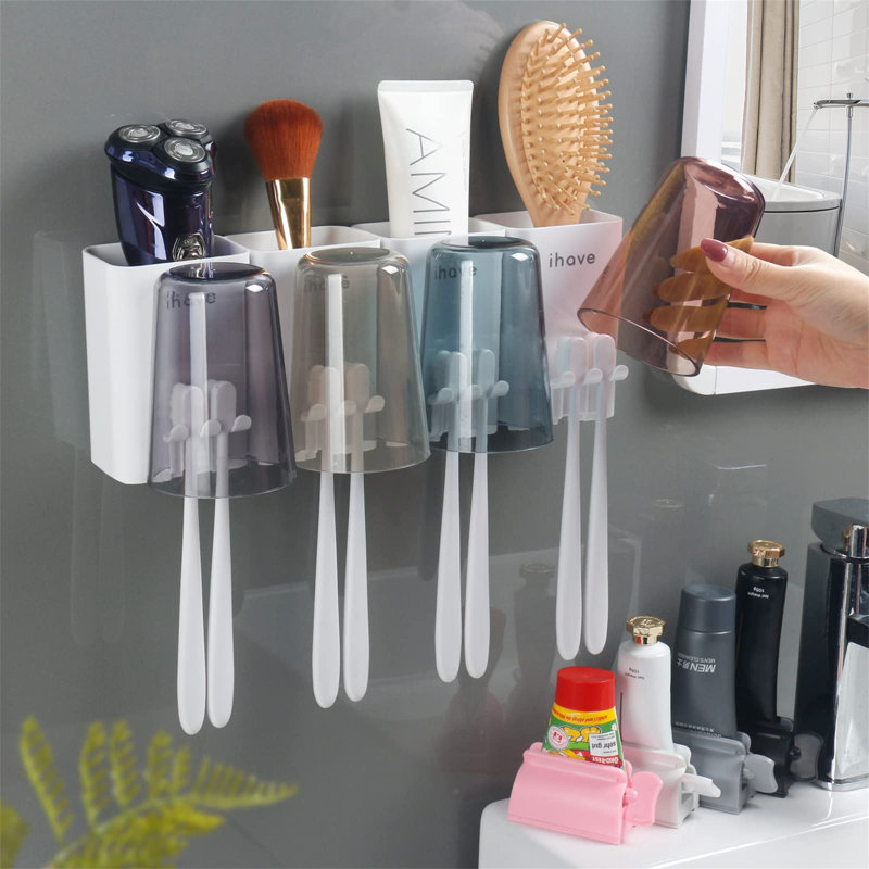 Wall-Mounted Toothbrush Holder With Toothpaste Dispenser, 4 Cups