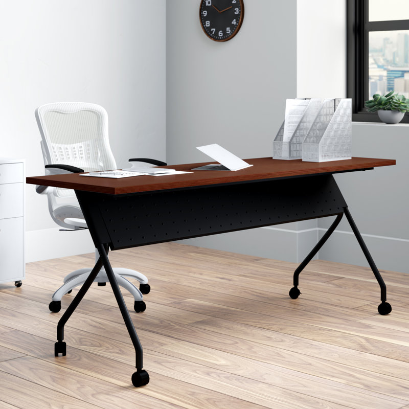 Rectangle 6 Person Flip Top Training Table with Casters and Modesty Panel, Black, 29.5" H X 60" L x 24" W, Mahogany