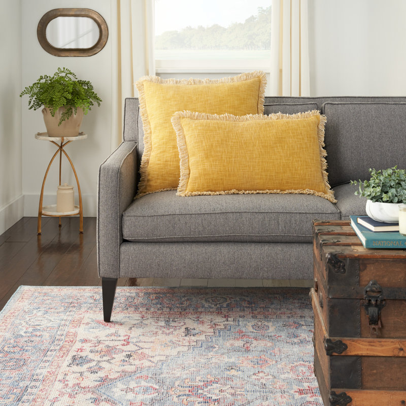 Yellow Fringed Cotton Rectangular Throw Pillow 14" x 24"
