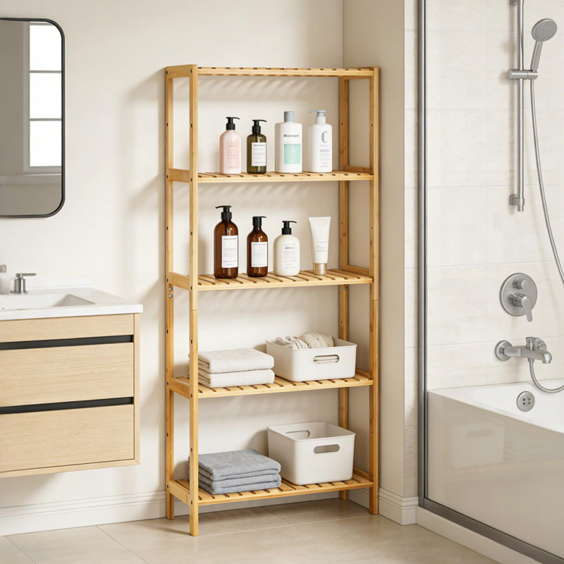 Étagère de salle de bain étroite à 5 niveaux en bambou avec tablettes à lattes