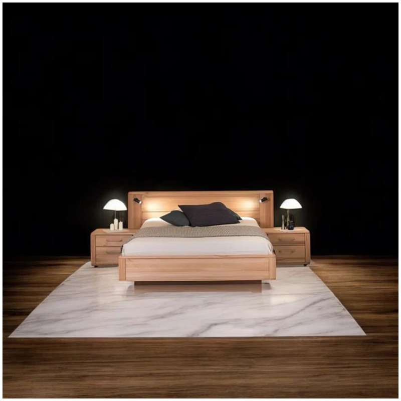 Vannatta Lite Solid Beech Wood Double Bed with LED Touch Lighting – Eco-Friendly Ukrainian Craftsmanship, Natural Linseed Oil Finish